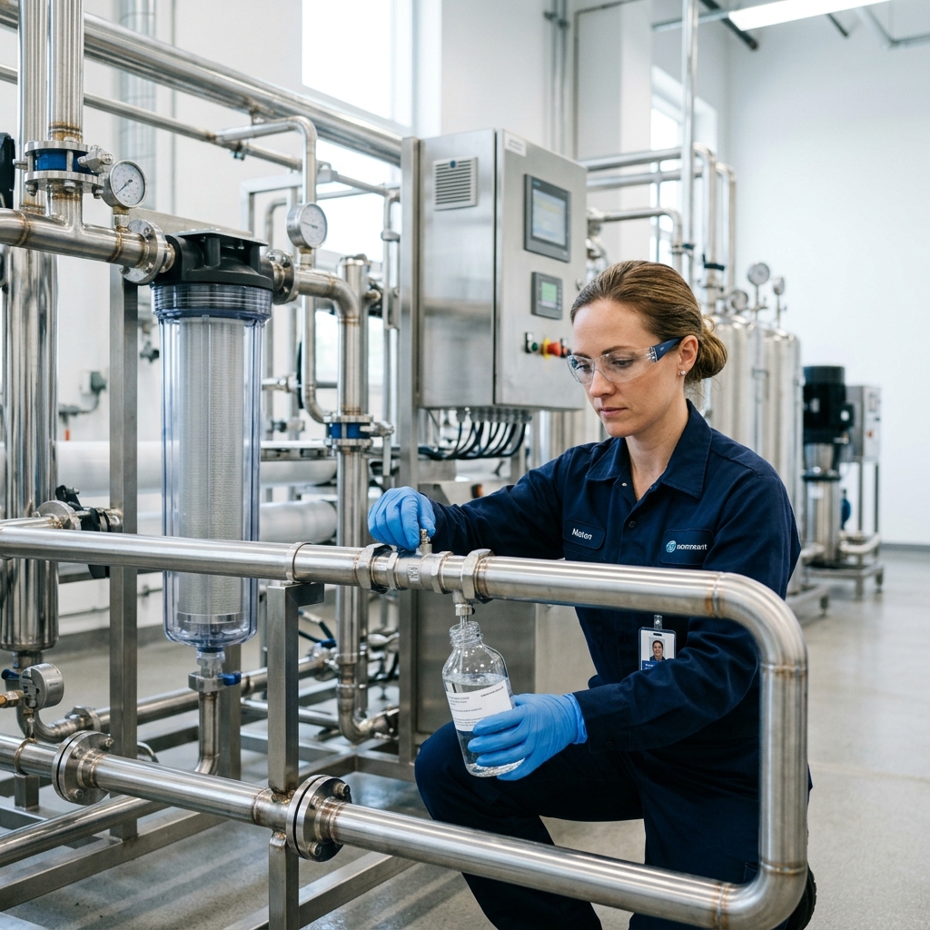 Tecnico professionista con dispositivi di protezione che esegue un campionamento d'acqua da una valvola idrica per analisi microbiologiche