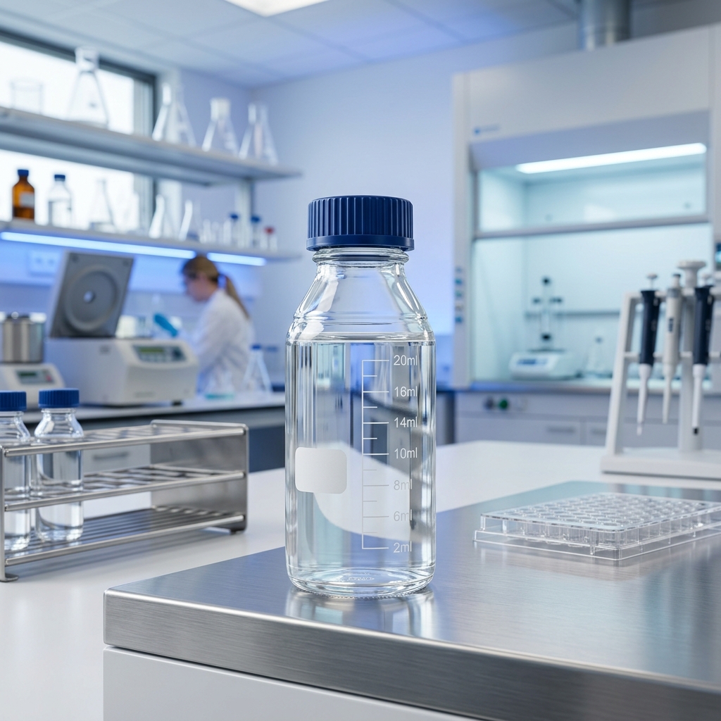 Ampolla scientifica con acqua limpida all'interno di un moderno laboratorio per analisi chimico-fisiche