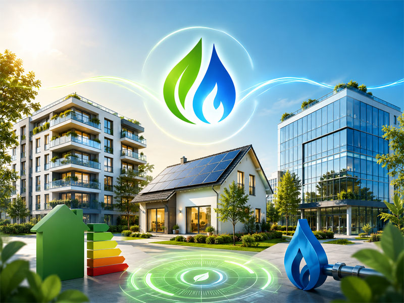 Moderno edificio residenziale ed uffici con pannelli solari ed impianti energetici efficienti