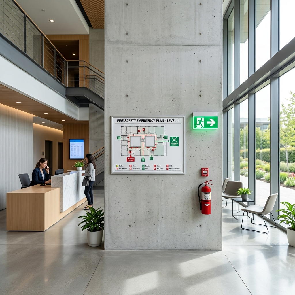 Atrio di un edificio moderno con un piano di sicurezza antincendio ed evacuazione visibile