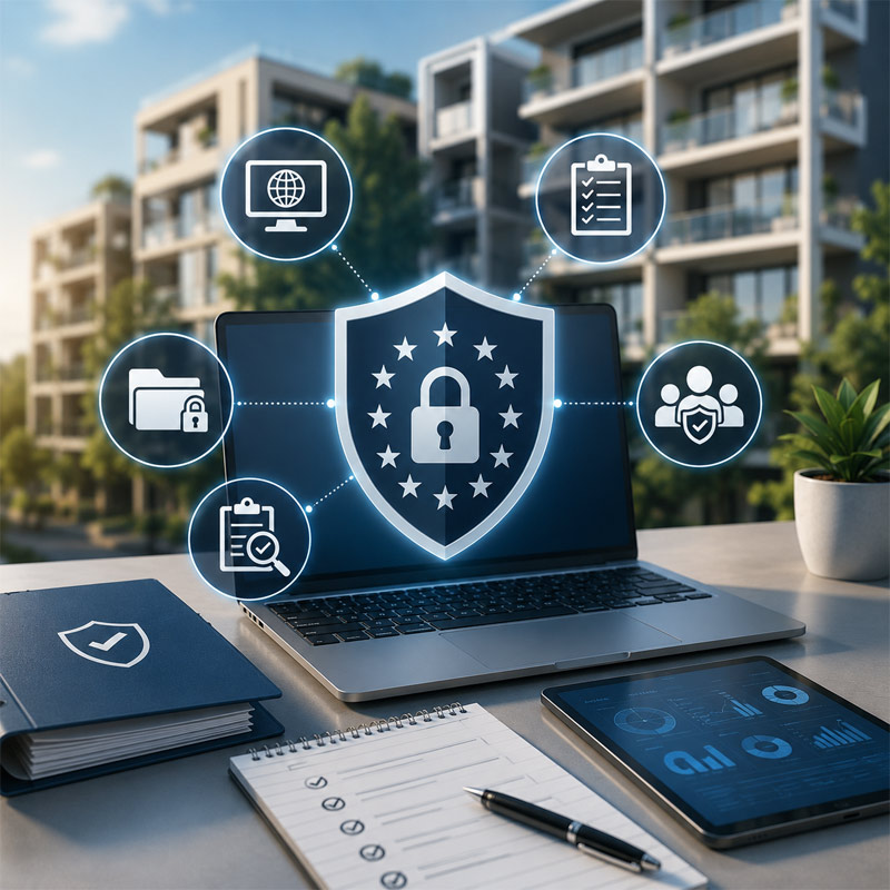 Consulenti qualificati di Duegi Solution che svolgono un audit privacy e mostrano i registri digitali sul tablet ad un amministratore
